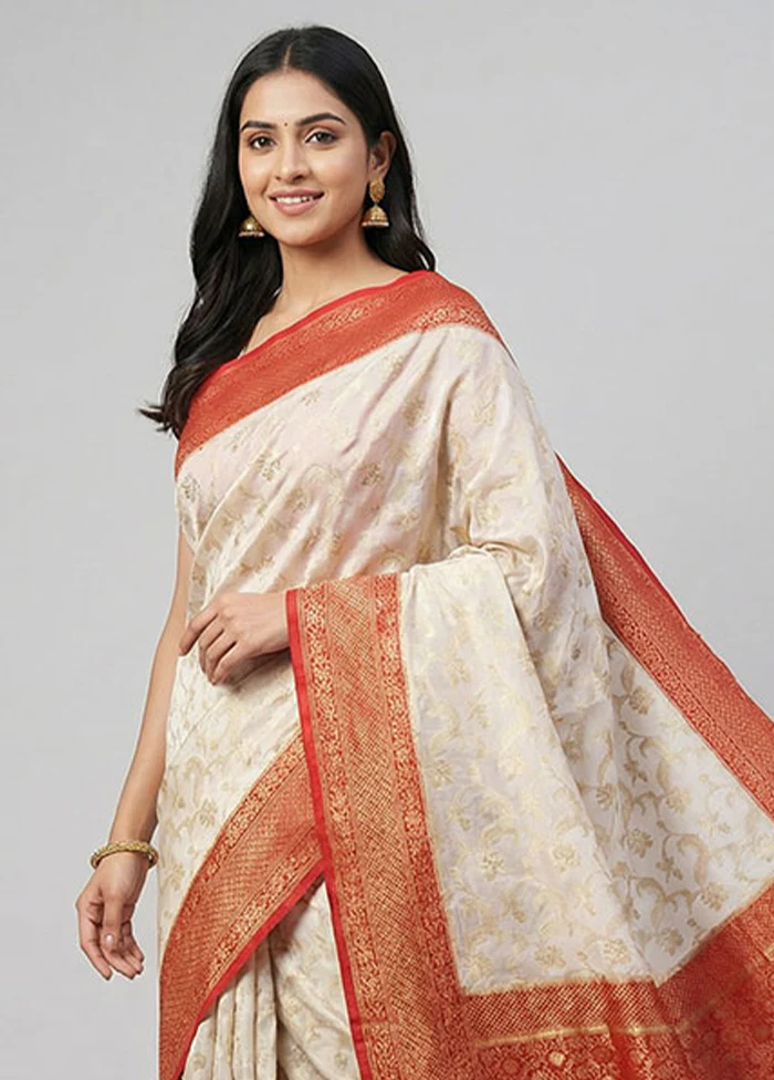 Cream Dupion Silk Saree With Blouse Piece - Image 2
