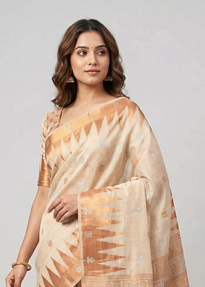 Cream Dupion Silk Saree With Blouse Piece - Image 2