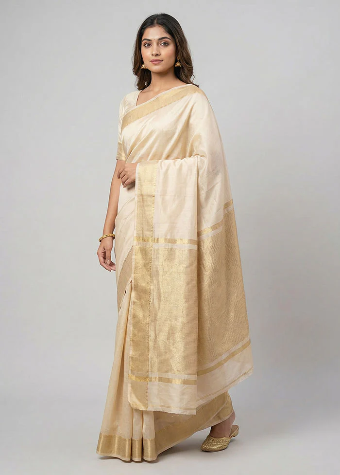 Cream Dupion Silk Saree With Blouse Piece