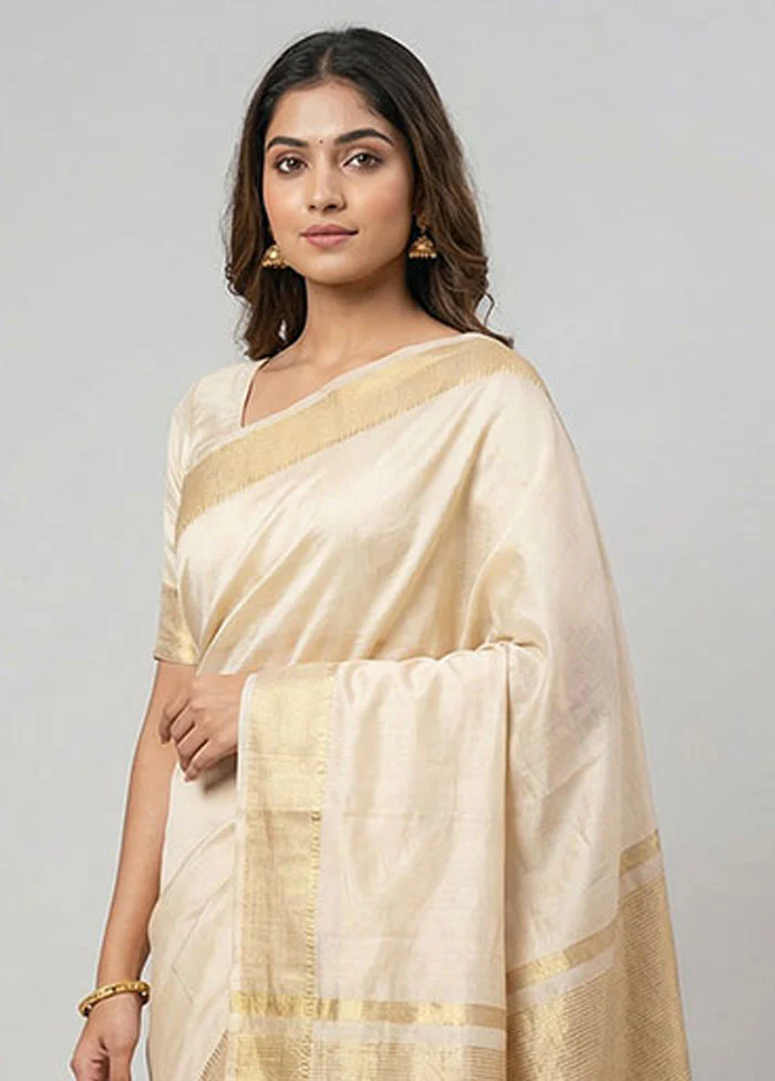 Cream Dupion Silk Saree With Blouse Piece - Image 2
