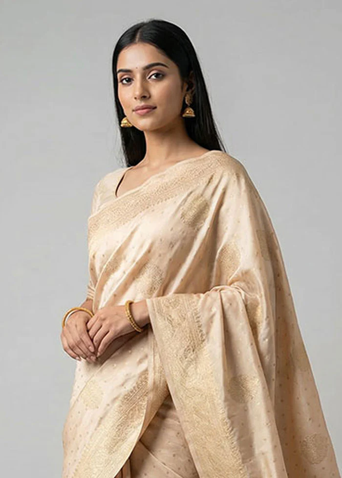 Cream Dupion Silk Saree With Blouse Piece - Image 2