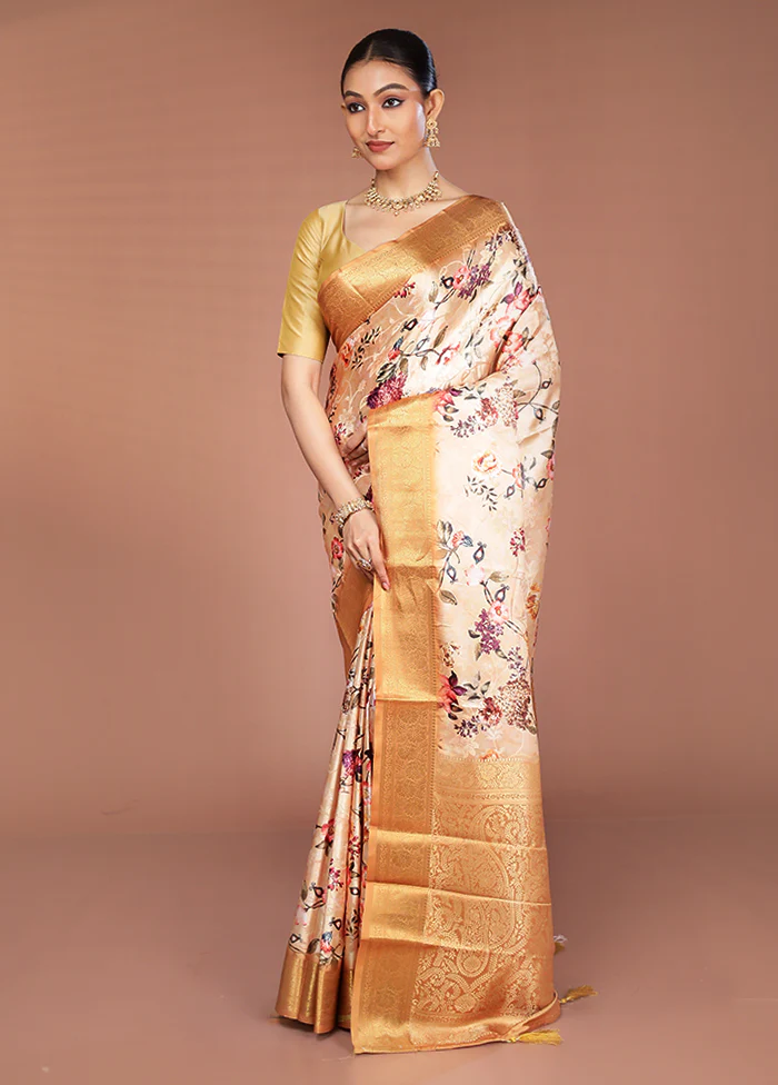 Cream Dupion Silk Saree With Blouse Piece - Image 4