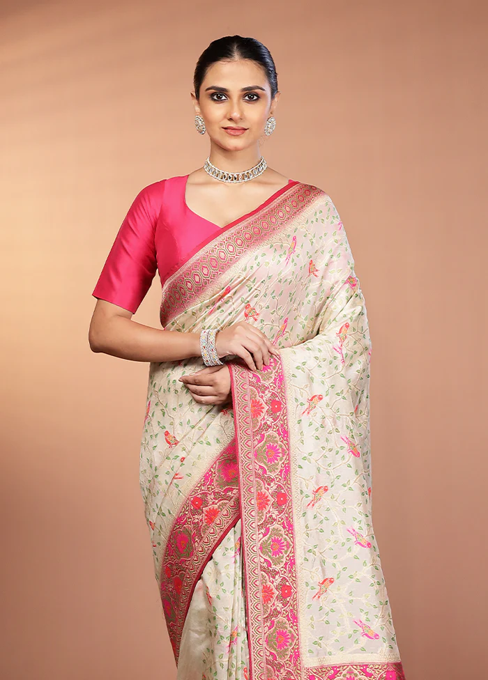 Cream Dupion Silk Saree With Blouse Piece