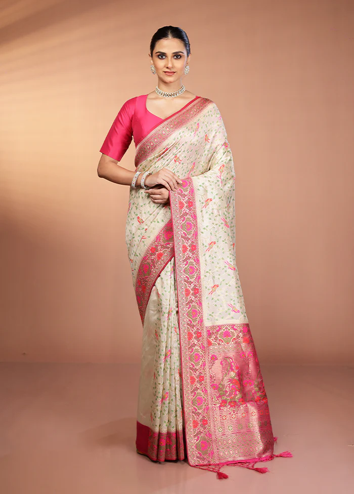 Cream Dupion Silk Saree With Blouse Piece - Image 2