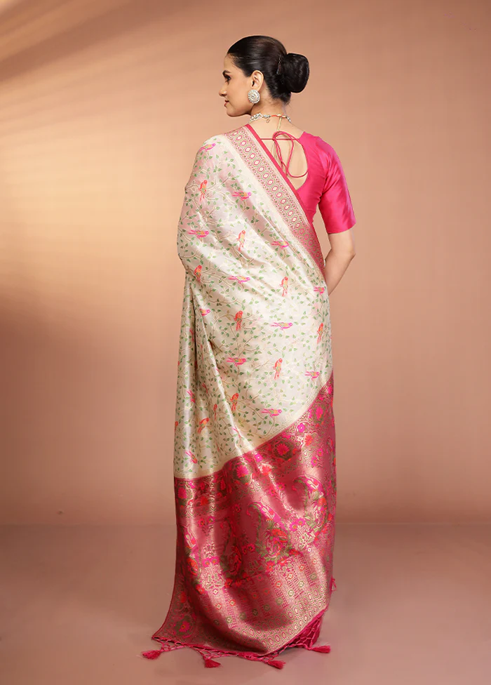 Cream Dupion Silk Saree With Blouse Piece - Image 3
