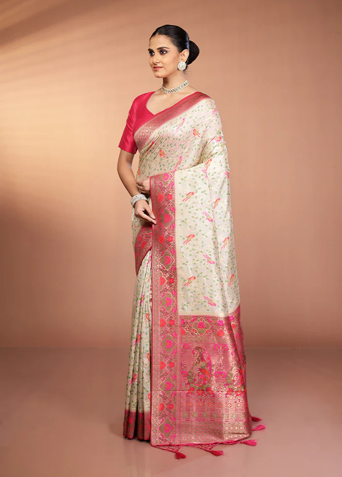 Cream Dupion Silk Saree With Blouse Piece - Image 4
