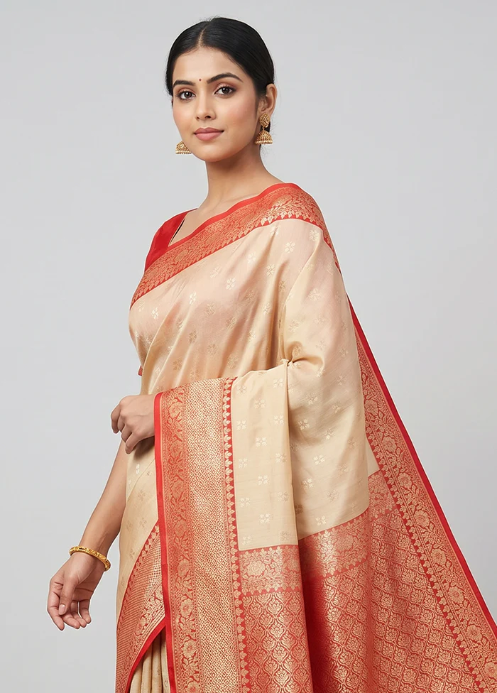 Cream Dupion Silk Saree With Blouse Piece - Image 2