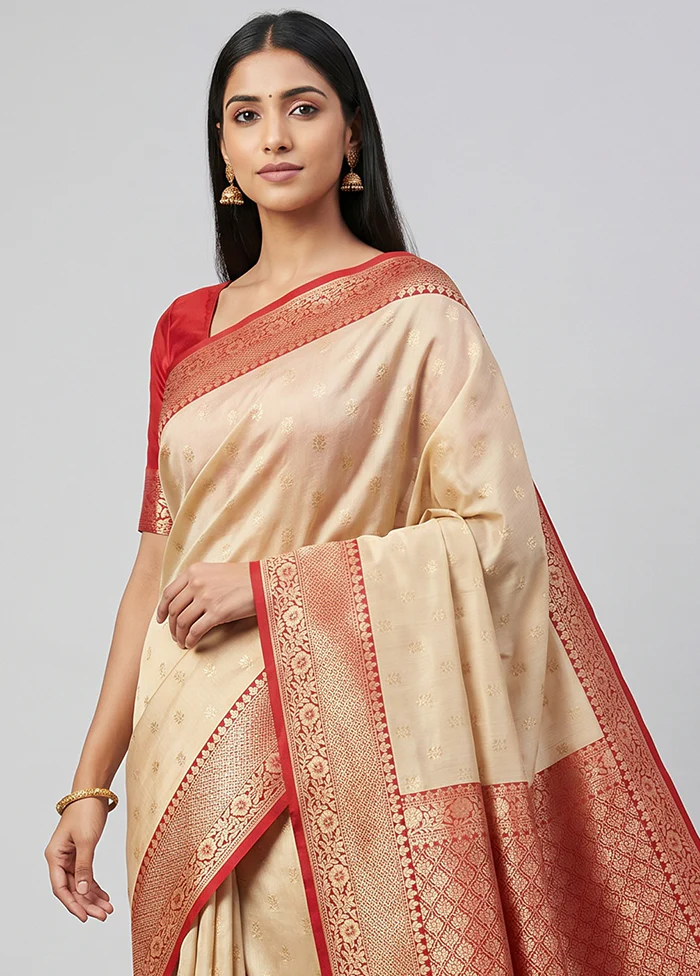 Cream Dupion Silk Saree With Blouse Piece - Image 2
