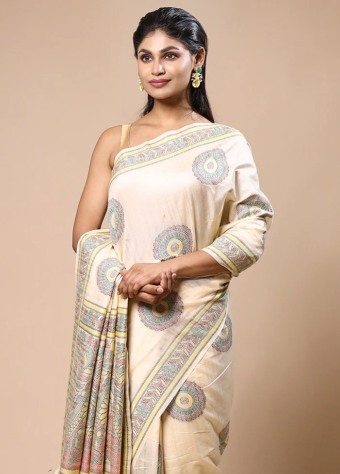 Cream Dupion Silk Saree With Blouse Piece