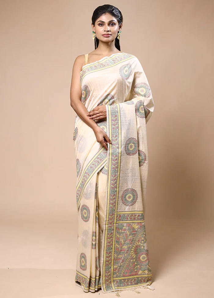 Cream Dupion Silk Saree With Blouse Piece - Image 2