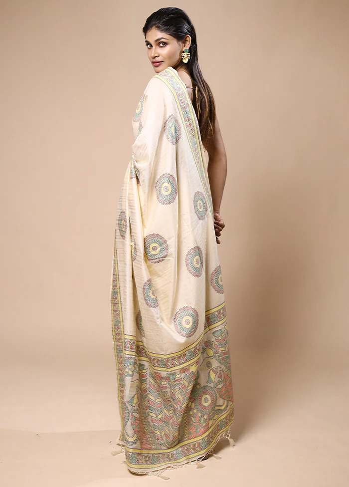 Cream Dupion Silk Saree With Blouse Piece - Image 3