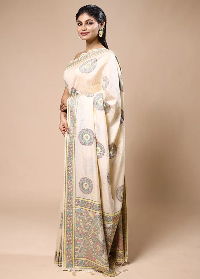 Cream Dupion Silk Saree With Blouse Piece - Image 4