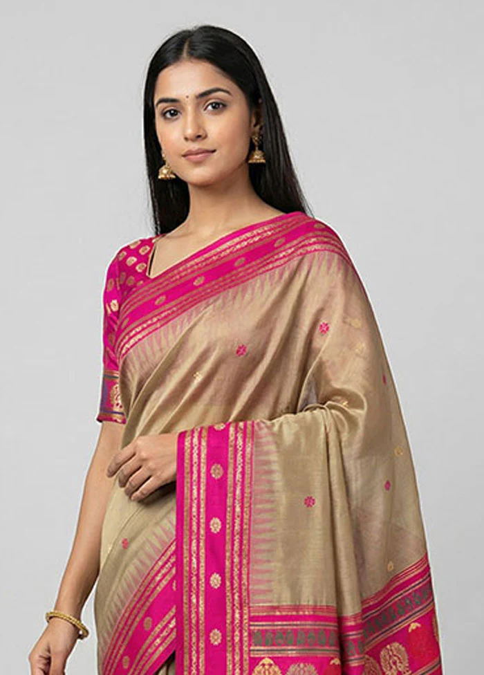 Cream Dupion Silk Saree With Blouse Piece - Image 2