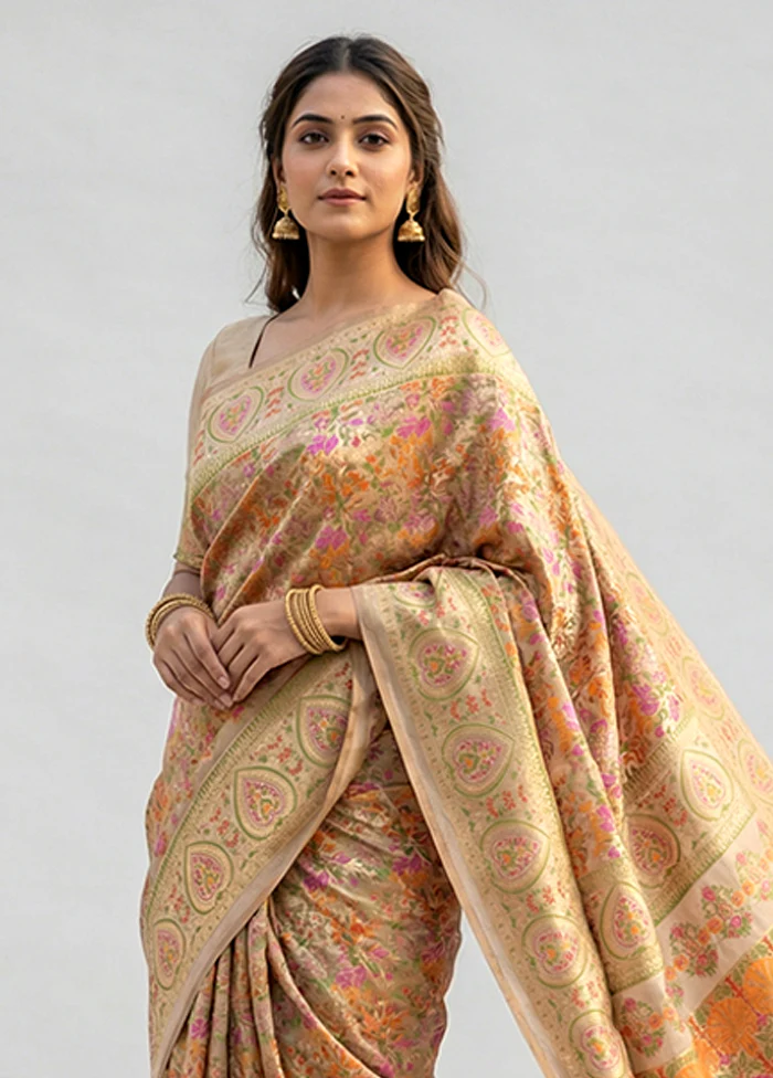 Cream Dupion Silk Saree With Blouse Piece - Image 2