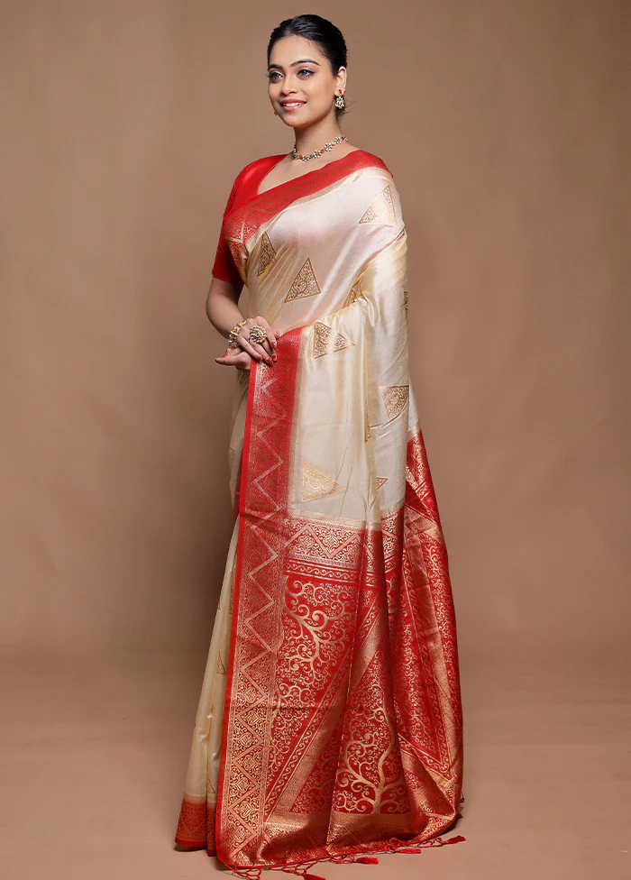 Cream Dupion Silk Saree With Blouse Piece - Image 4