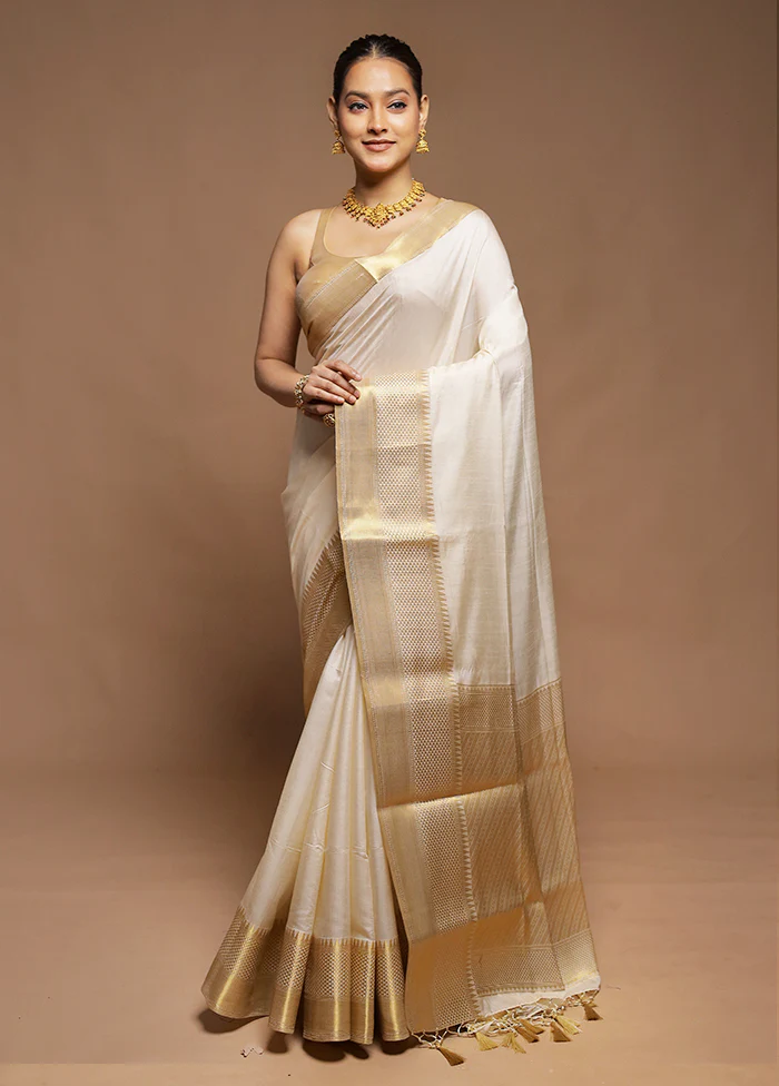 Cream Dupion Silk Saree With Blouse Piece