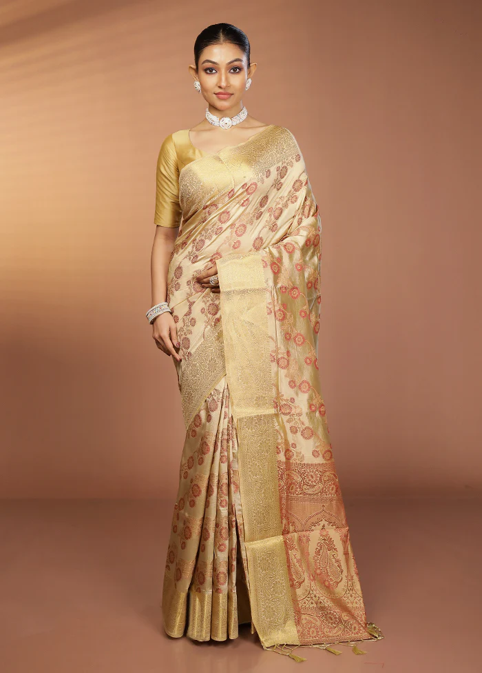Cream Dupion Silk Saree With Blouse Piece - Image 2