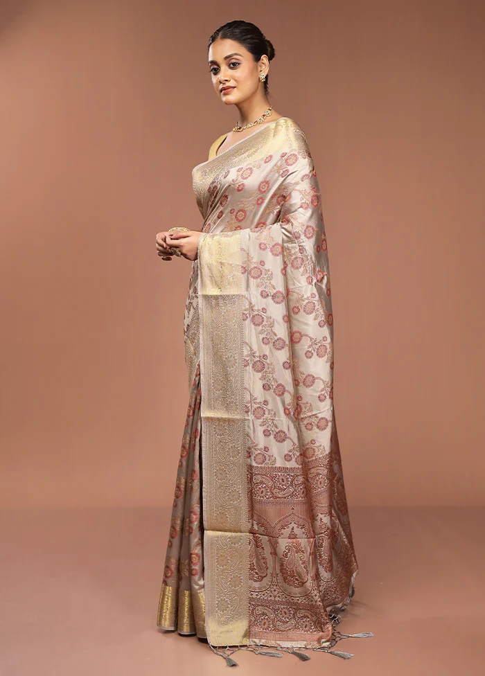 Cream Dupion Silk Saree With Blouse Piece - Image 4
