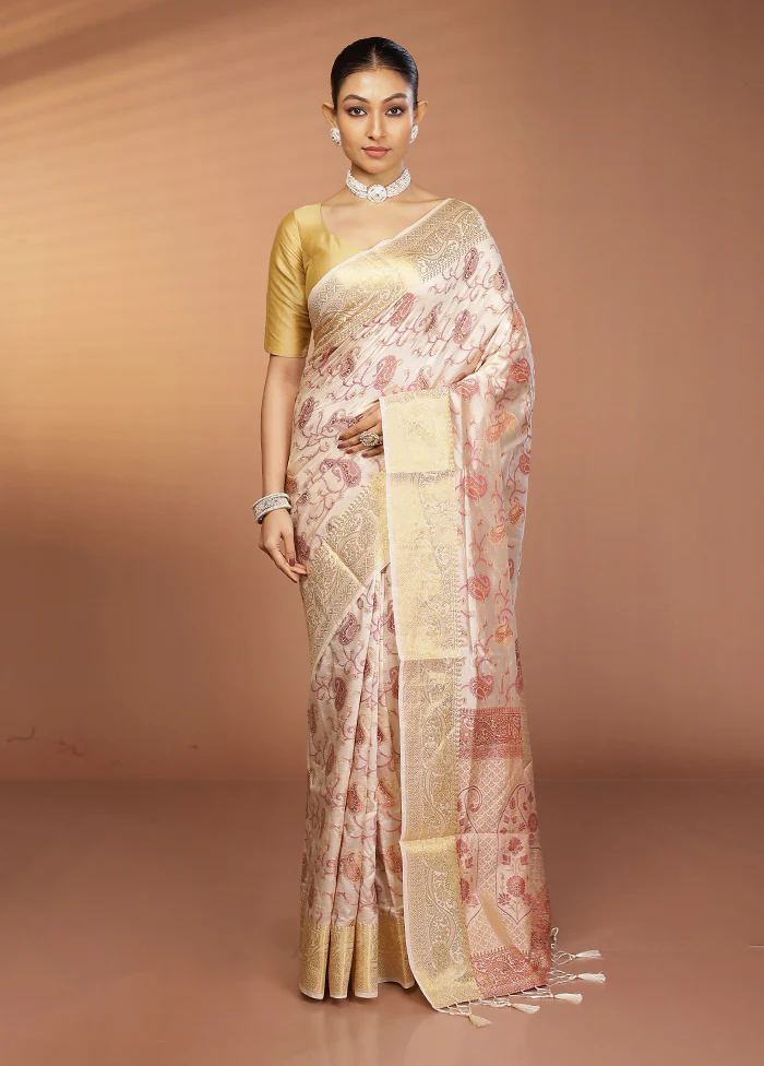 Cream Dupion Silk Saree With Blouse Piece - Image 2