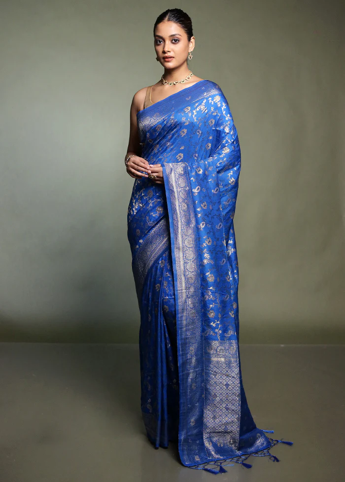 Blue Dupion Silk Saree With Blouse Piece - Image 2