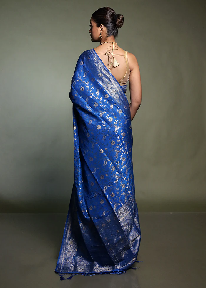 Blue Dupion Silk Saree With Blouse Piece - Image 3