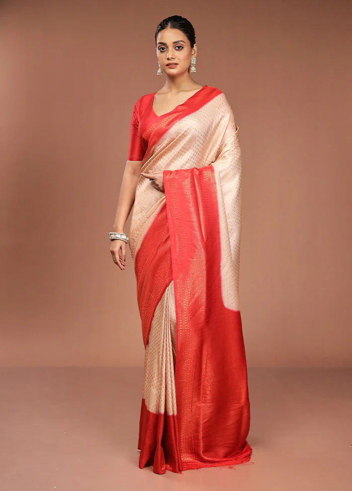 Cream Dupion Silk Saree With Blouse Piece - Image 2