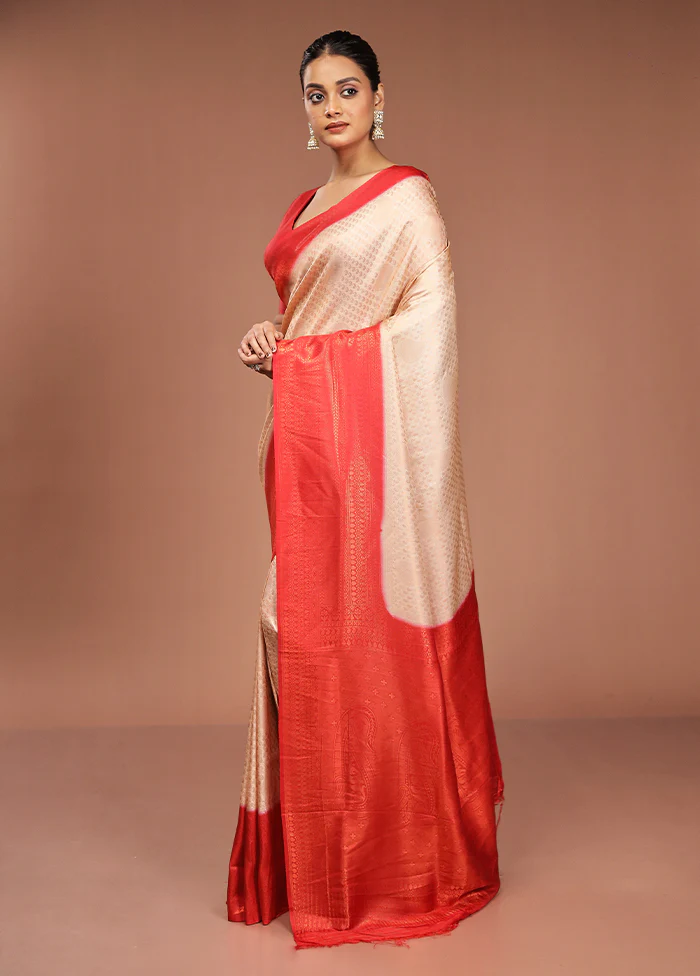 Cream Dupion Silk Saree With Blouse Piece - Image 4