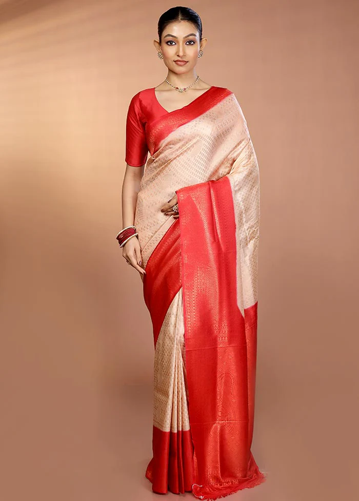 Cream Dupion Silk Saree With Blouse Piece - Image 2
