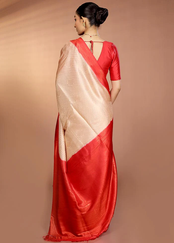 Cream Dupion Silk Saree With Blouse Piece - Image 3