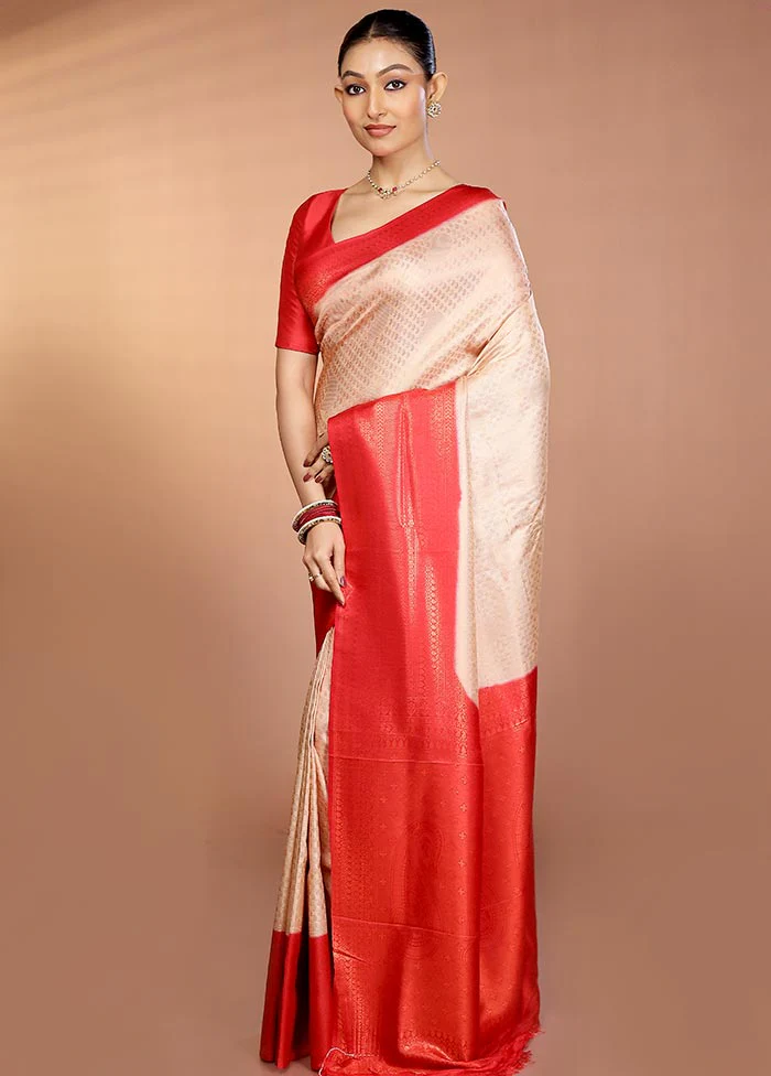 Cream Dupion Silk Saree With Blouse Piece - Image 4