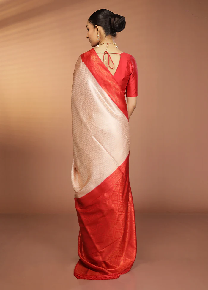 Cream Dupion Silk Saree With Blouse Piece - Image 3