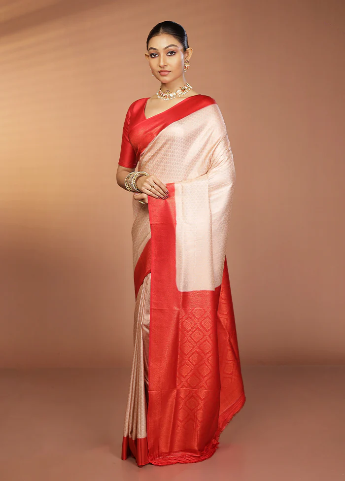 Cream Dupion Silk Saree With Blouse Piece - Image 4