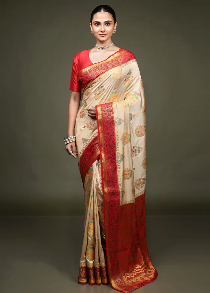 Cream Dupion Silk Saree With Blouse Piece - Image 2