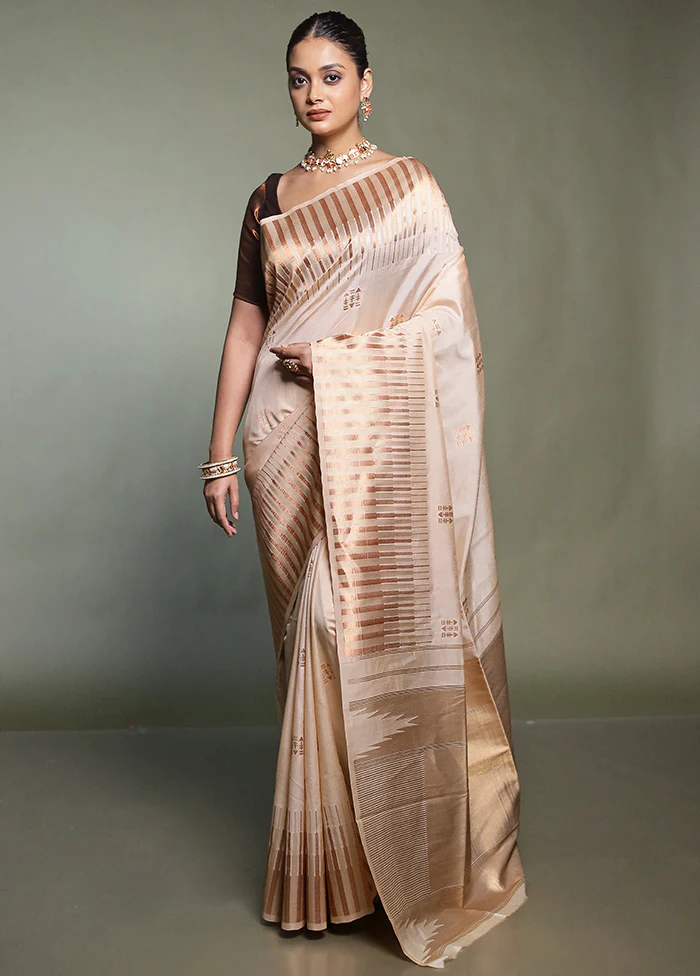 Cream Dupion Silk Saree With Blouse Piece - Image 2