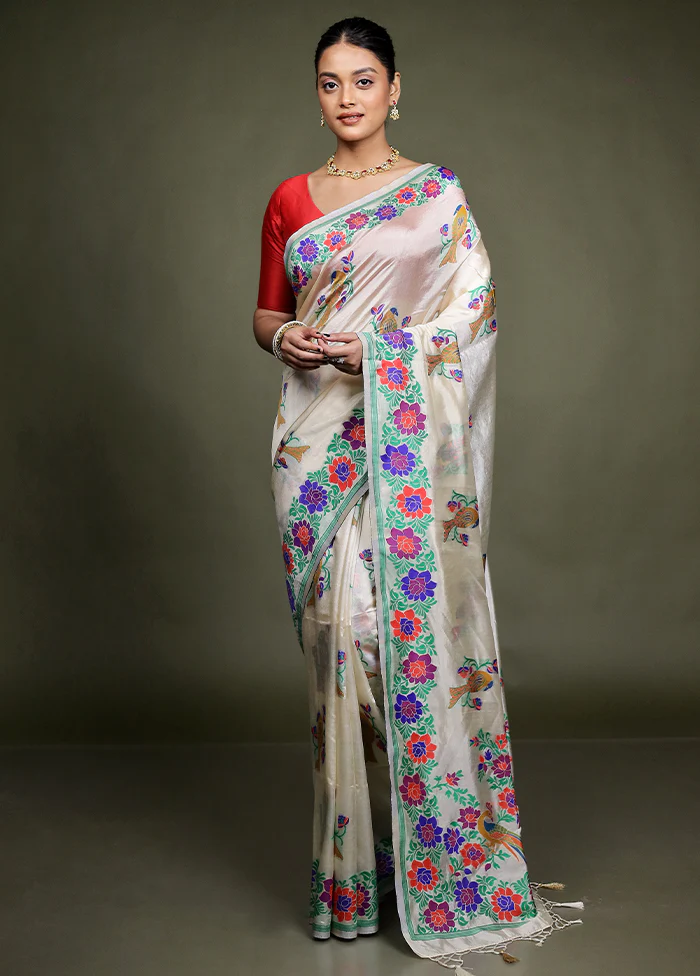 Cream Dupion Silk Saree With Blouse Piece - Image 2