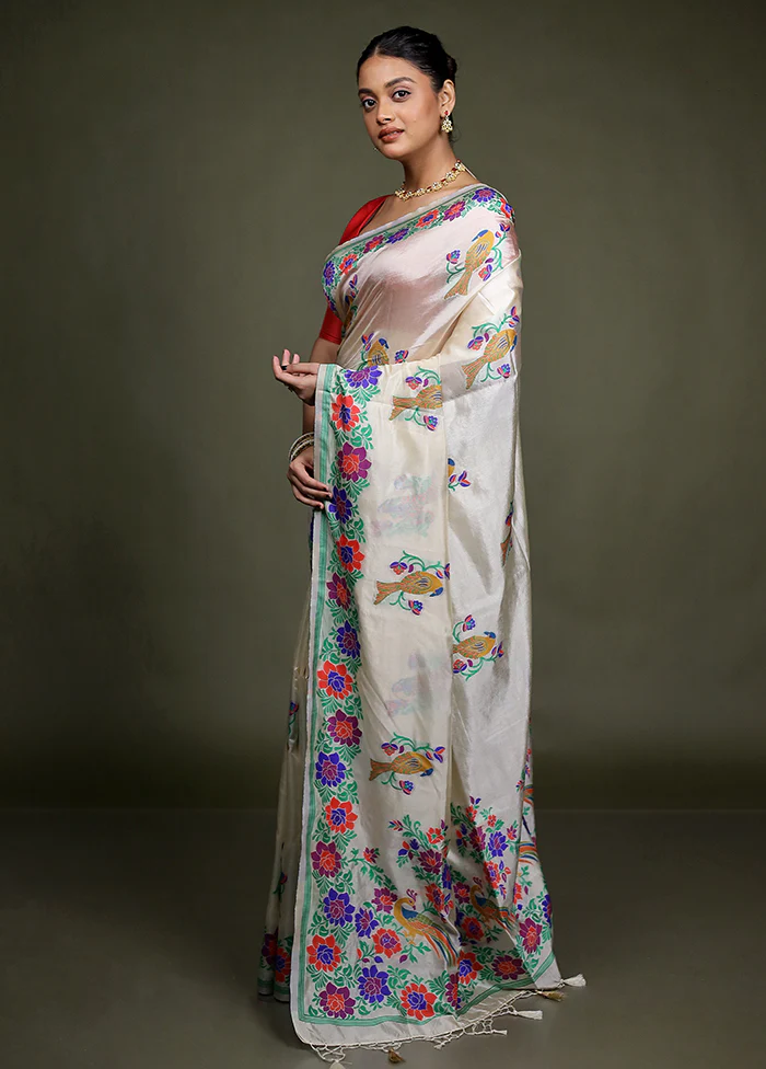 Cream Dupion Silk Saree With Blouse Piece - Image 4