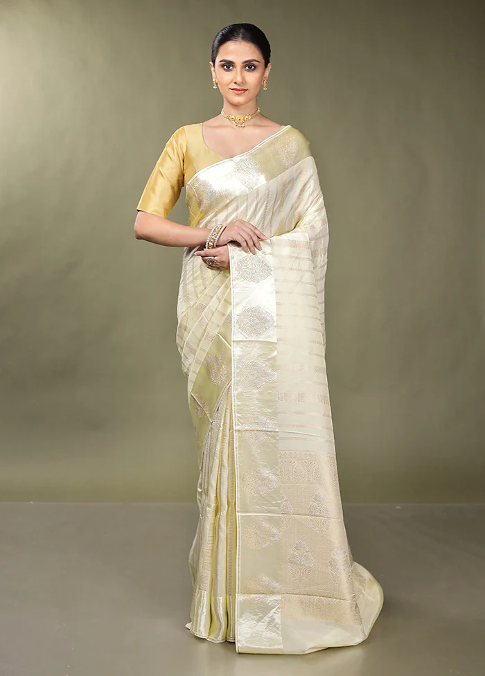 Cream Dupion Silk Saree With Blouse Piece - Image 2