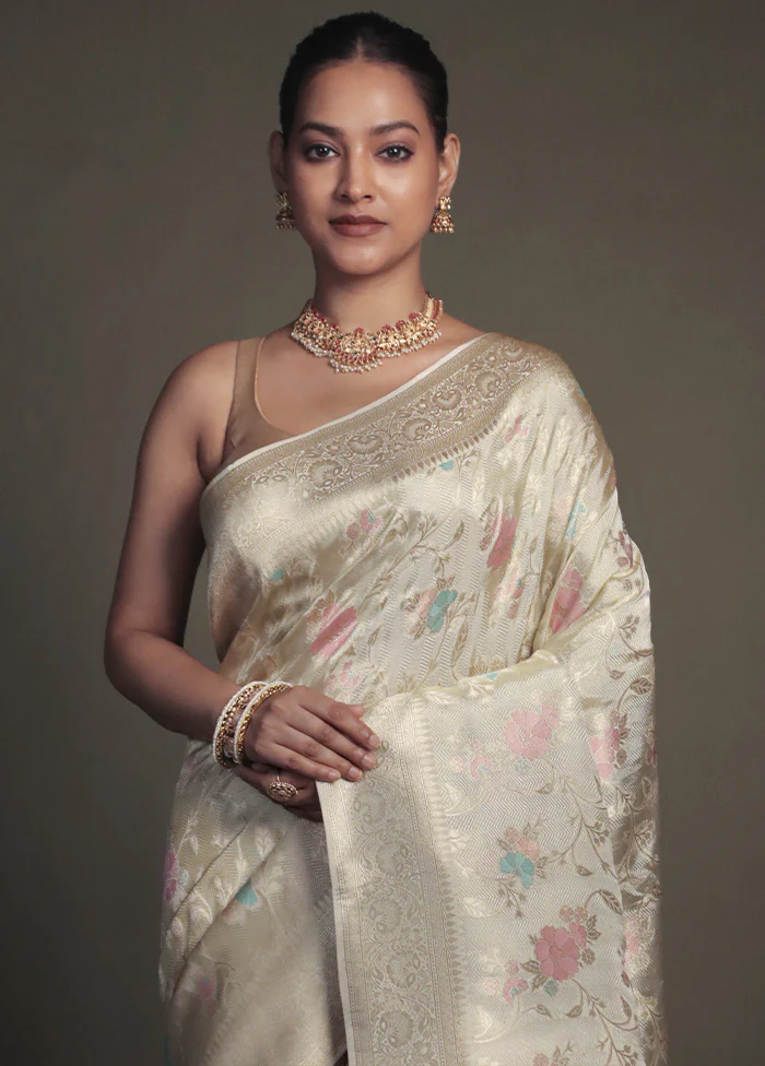 Cream Dupion Silk Saree With Blouse Piece - Image 2
