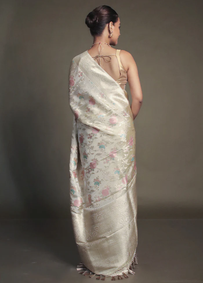 Cream Dupion Silk Saree With Blouse Piece - Image 3