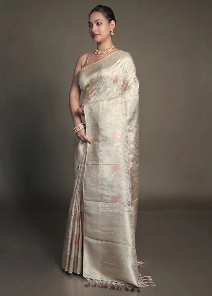 Cream Dupion Silk Saree With Blouse Piece - Image 4