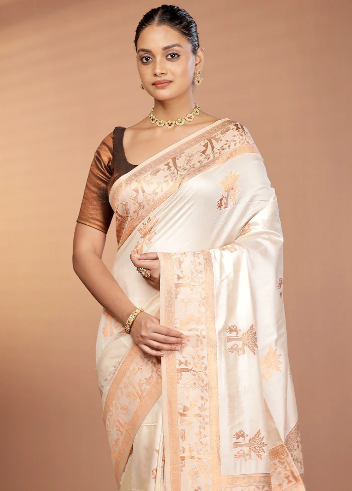Cream Dupion Silk Saree With Blouse Piece