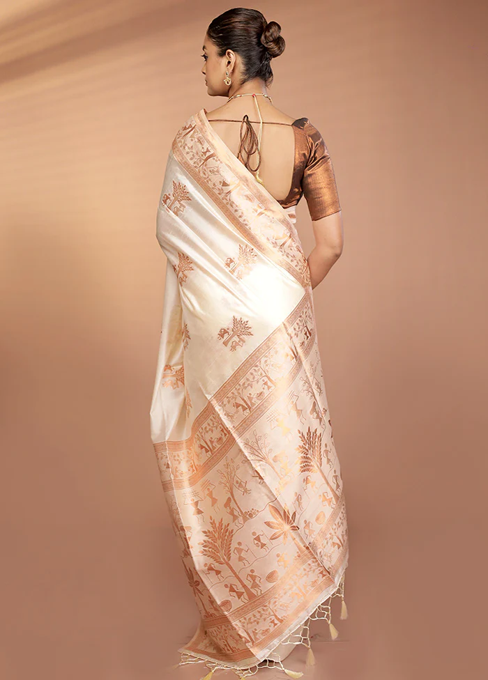 Cream Dupion Silk Saree With Blouse Piece - Image 3