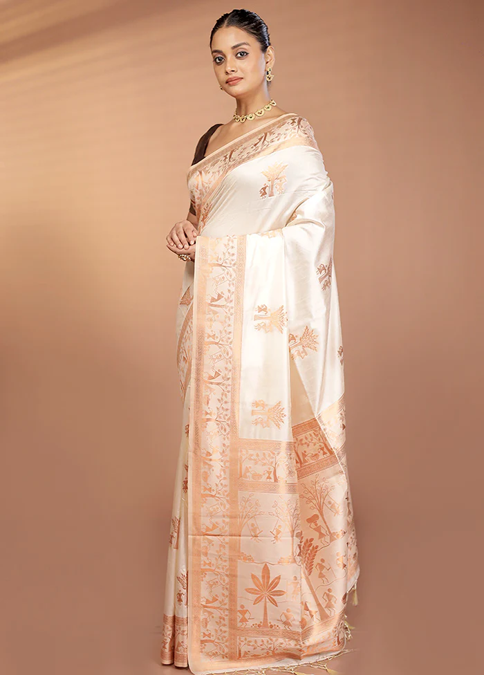 Cream Dupion Silk Saree With Blouse Piece - Image 4