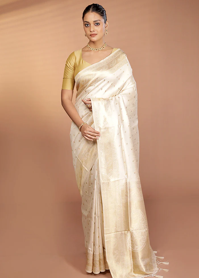 Cream Dupion Silk Saree With Blouse Piece - Image 2