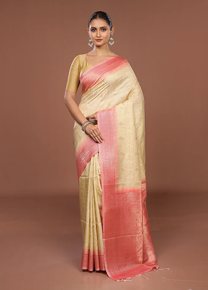Cream Dupion Silk Saree With Blouse Piece - Image 2