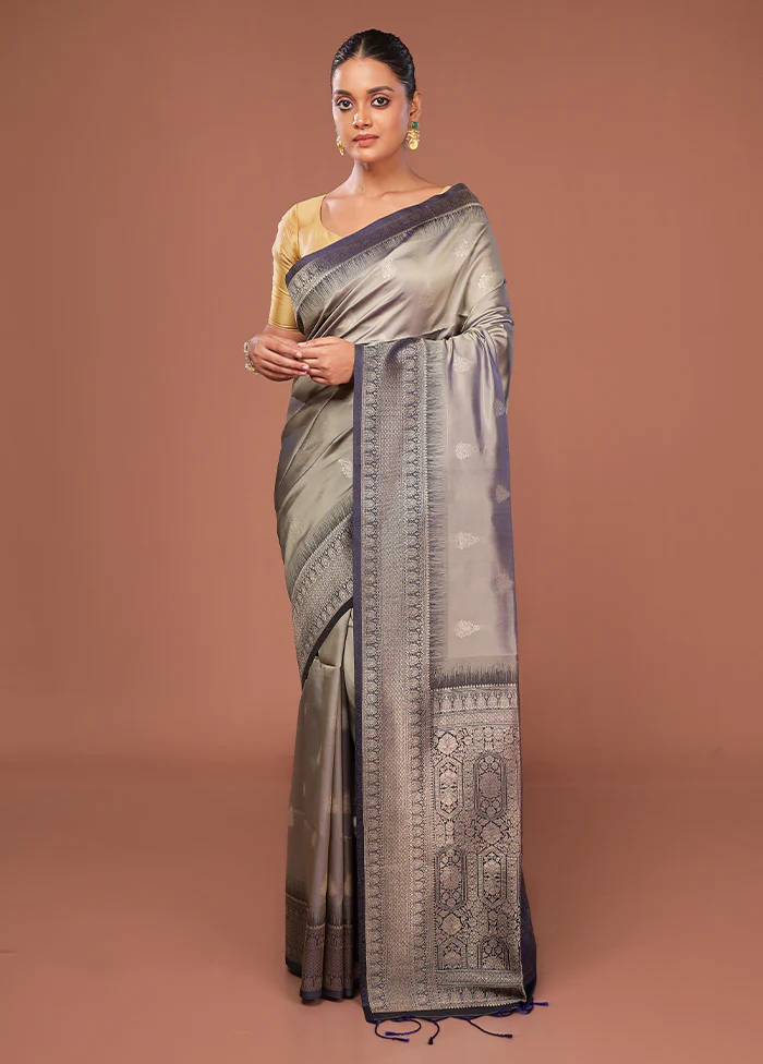 Grey Dupion Silk Saree With Blouse Piece - Image 2