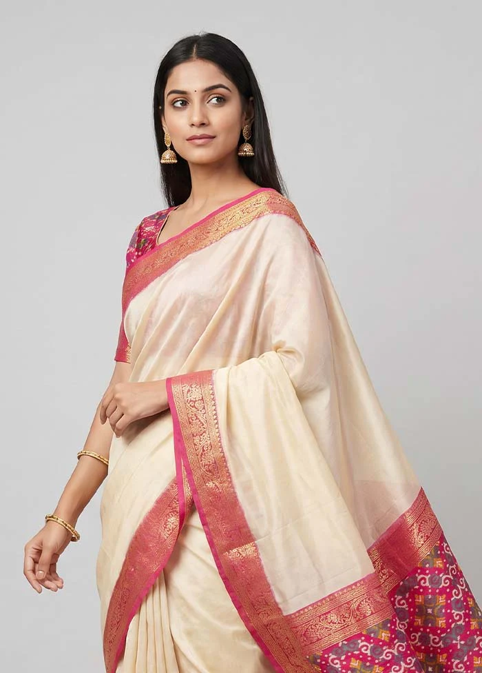Cream Dupion Silk Saree With Blouse Piece - Image 2