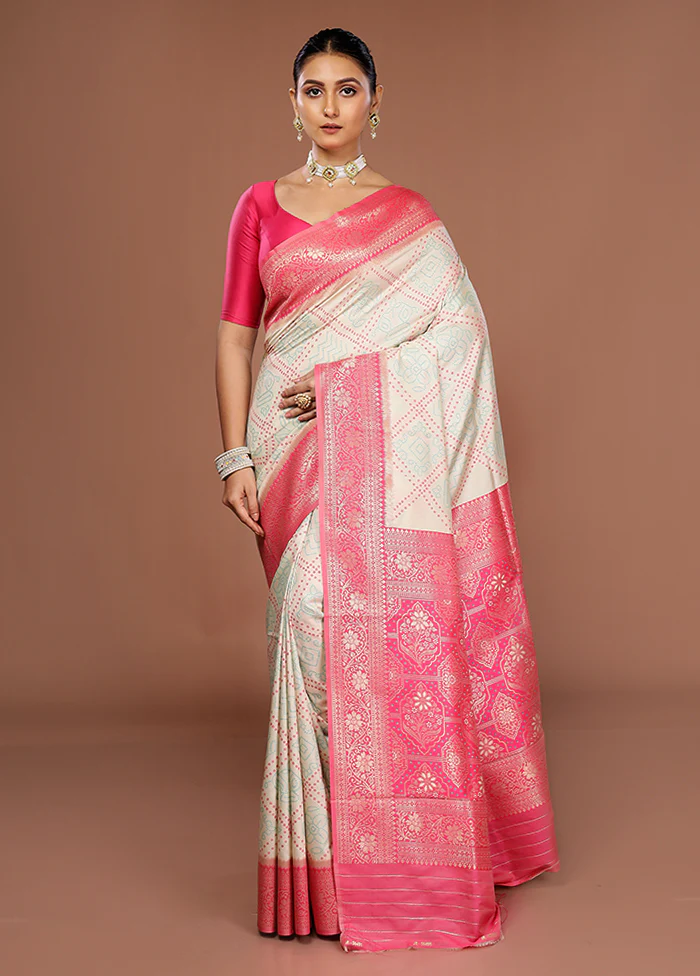 Cream Dupion Silk Saree With Blouse Piece - Image 2