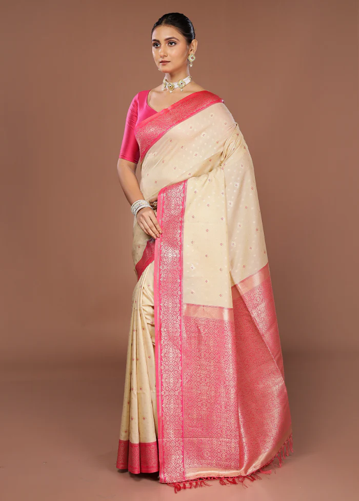 Cream Dupion Silk Saree With Blouse Piece - Image 4
