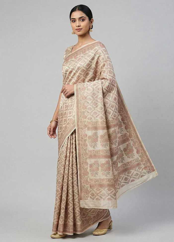 Cream Dupion Silk Saree With Blouse Piece